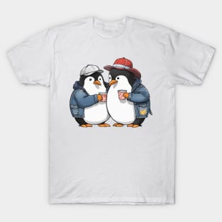 2 penguins wearing a denim jacket and hats holding cups T-Shirt